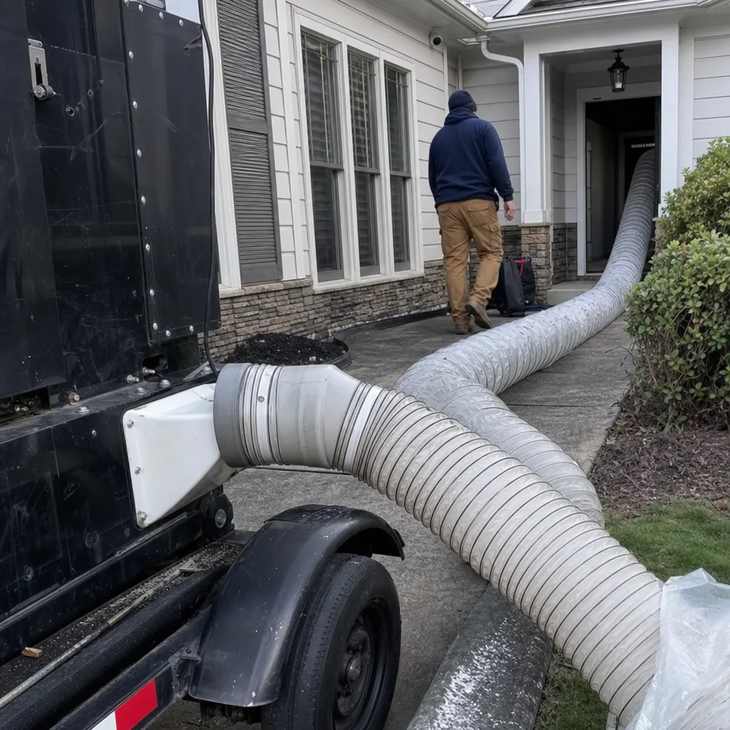 Professional air duct cleaning technician using industrial vacuum hose at residential home.
