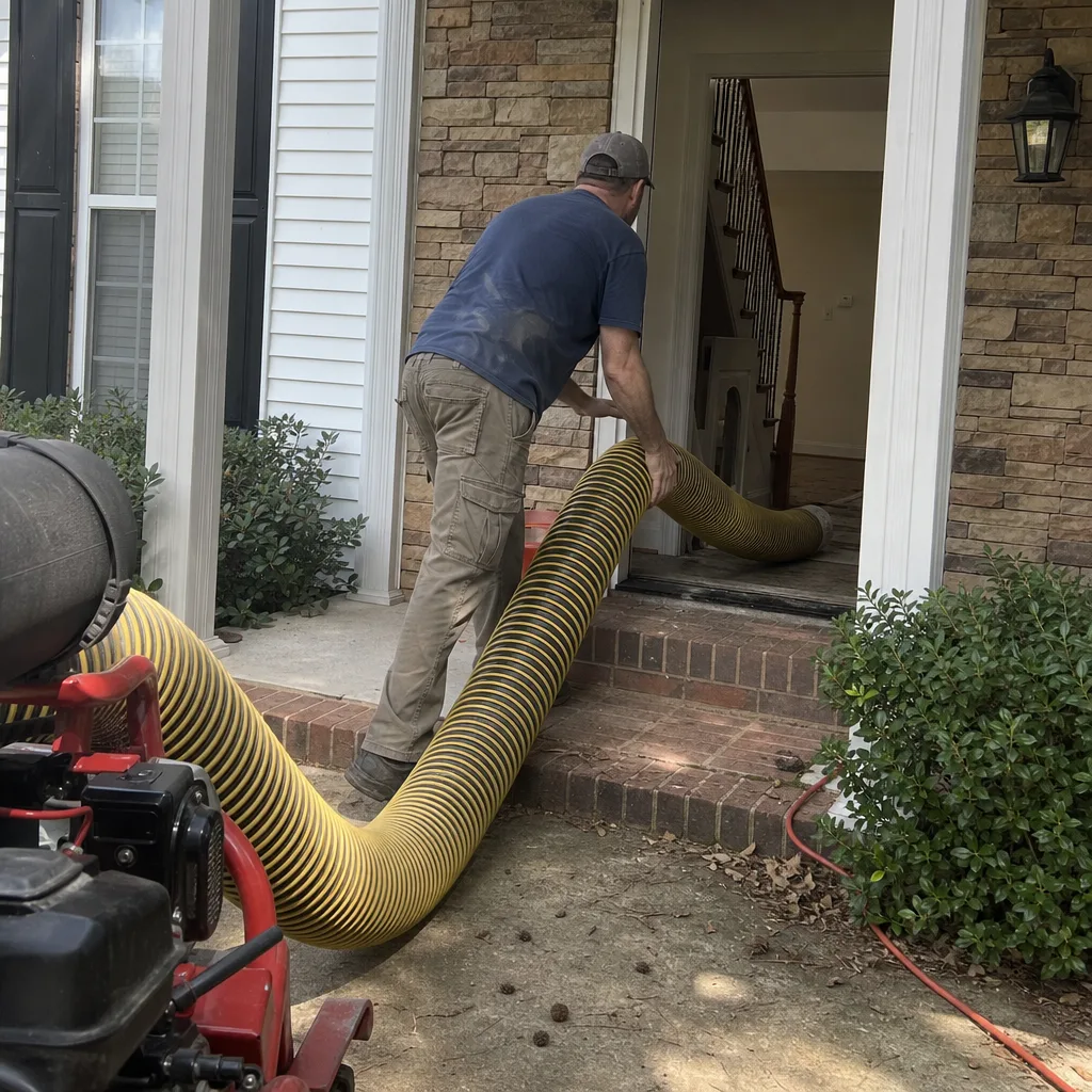 Technician using professional vacuum hose for residential air duct cleaning service