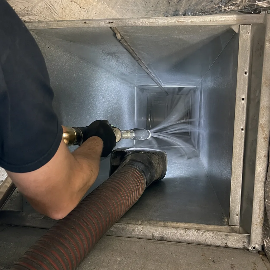 Technician using professional tools for residential air duct cleaning service