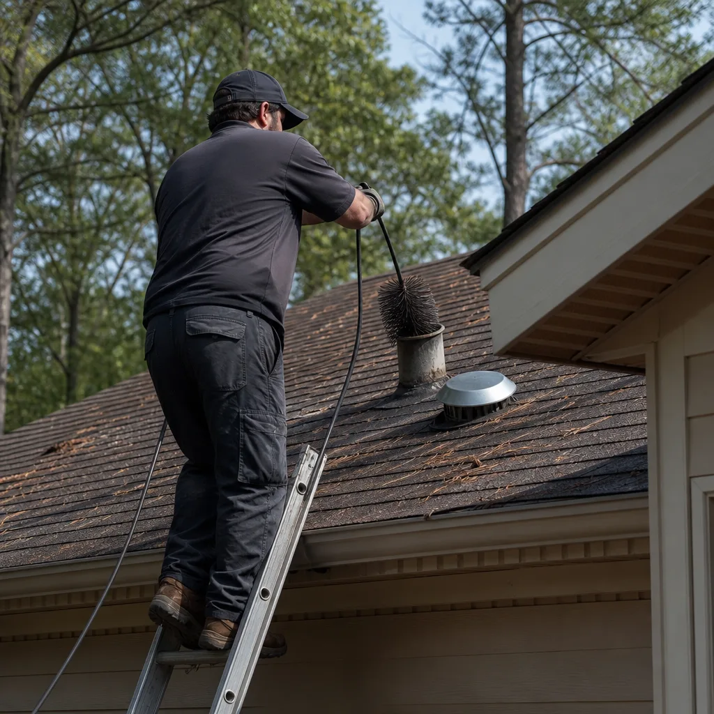 Professional technician cleaning dryer vent on a residential roof