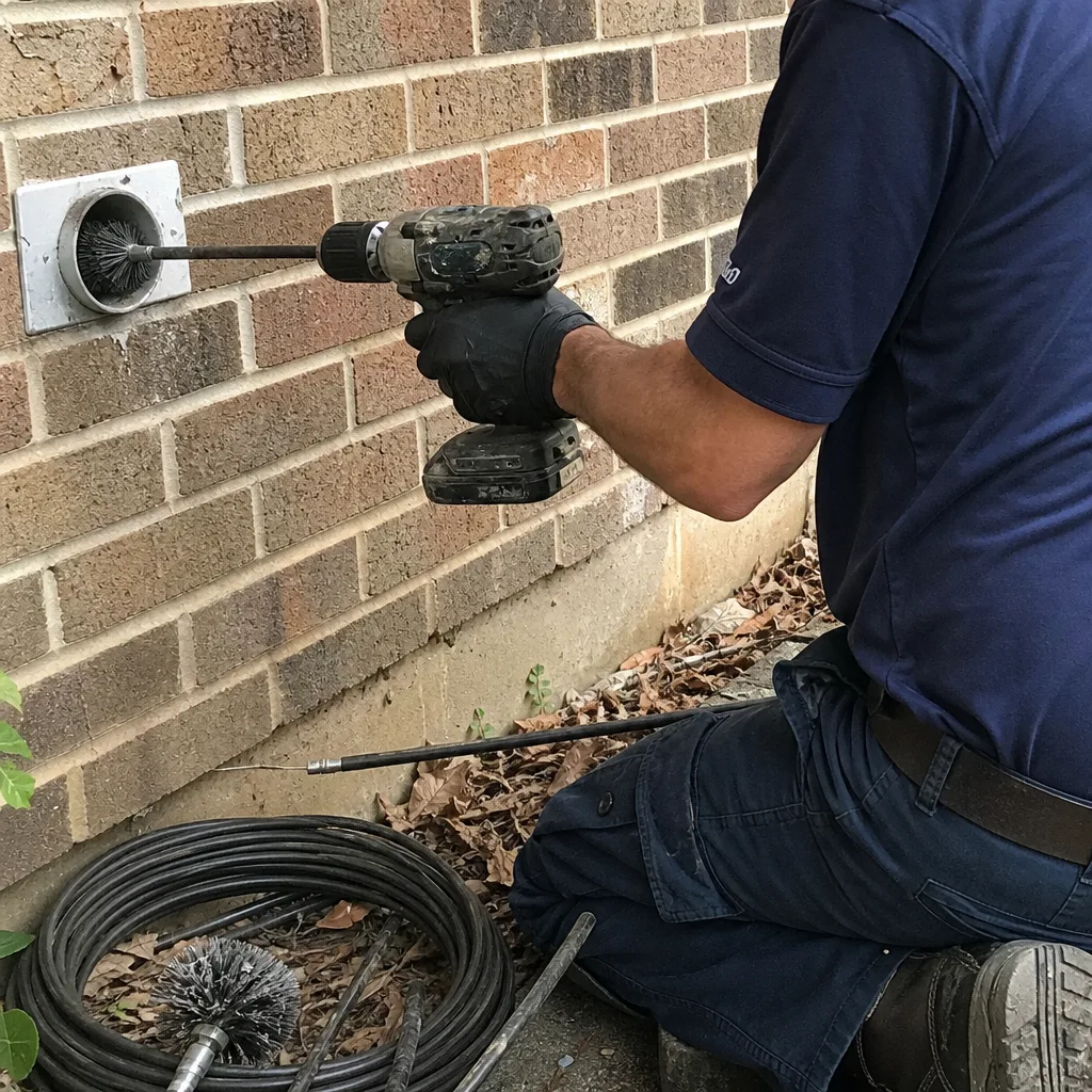 Technician performing professional dryer vent cleaning with a powered rotary brush